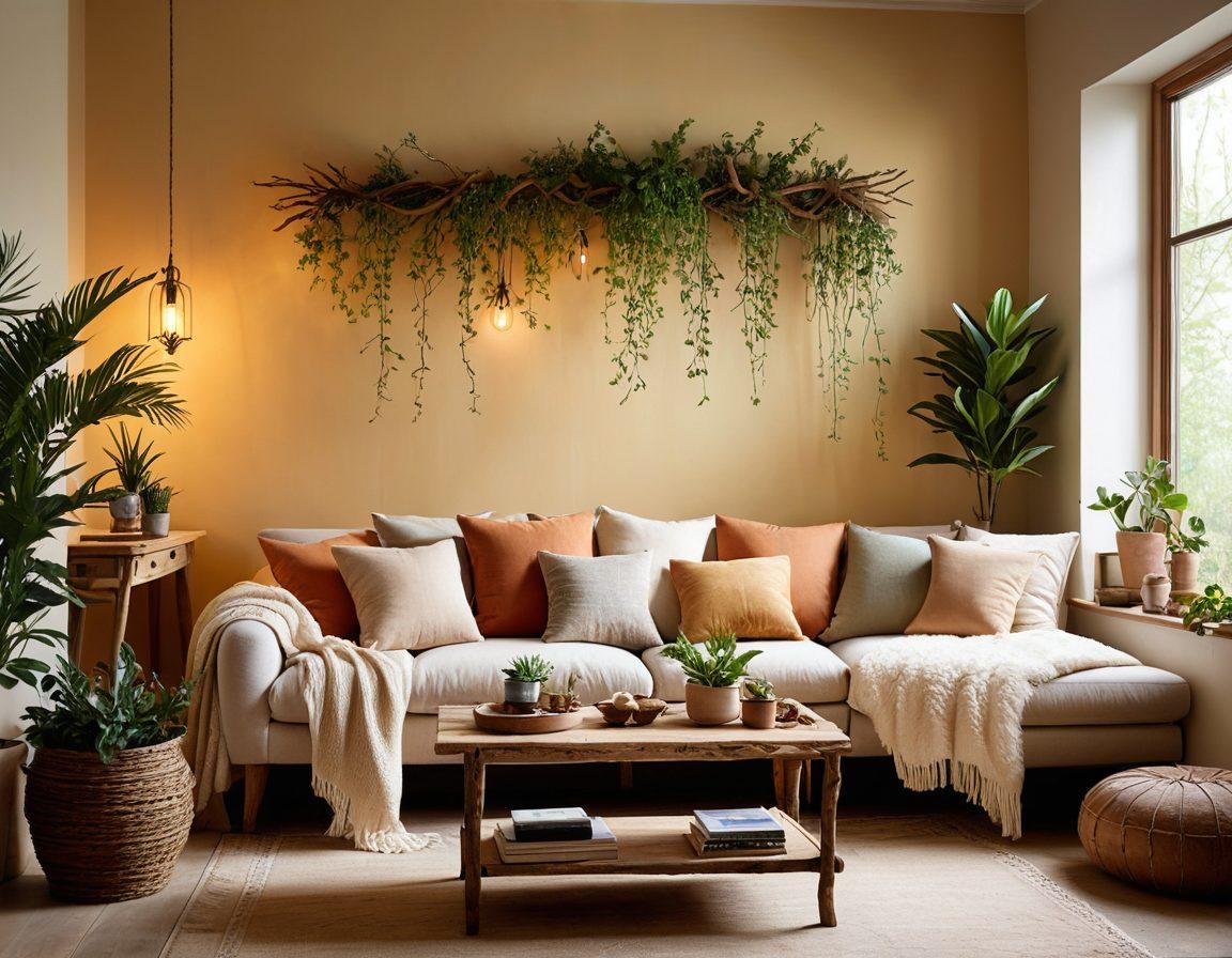 A cozy living room adorned with unique handmade decor, featuring charming twigs in various artistic arrangements, alongside warm lighting and plush cushions that create an inviting atmosphere. Include details like a handcrafted table and wall art showcasing twig-inspired designs, surrounded by lush indoor plants. The scene should evoke a sense of warmth and creativity. super-realistic. soft lighting. warm colors.