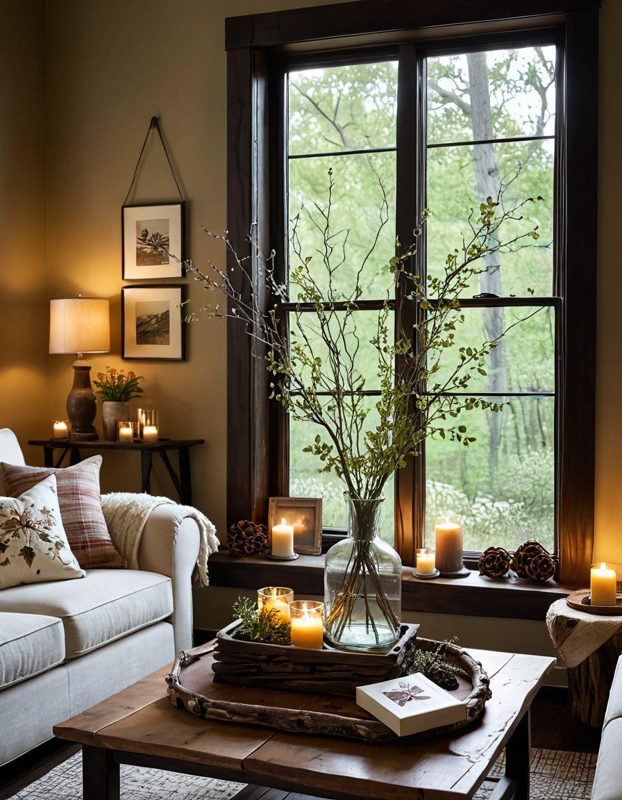 A cozy living room featuring handmade twig decorations, including a detailed twig vase filled with wildflowers, rustic twig wall art, and a natural wood coffee table adorned with twigs and candles. Soft, warm lighting creates an inviting atmosphere, with a backdrop of lush greenery visible through a window. The color palette is earthy and harmonious, highlighting the beauty of nature's craftsmanship. super-realistic. warm tones. soft lighting.