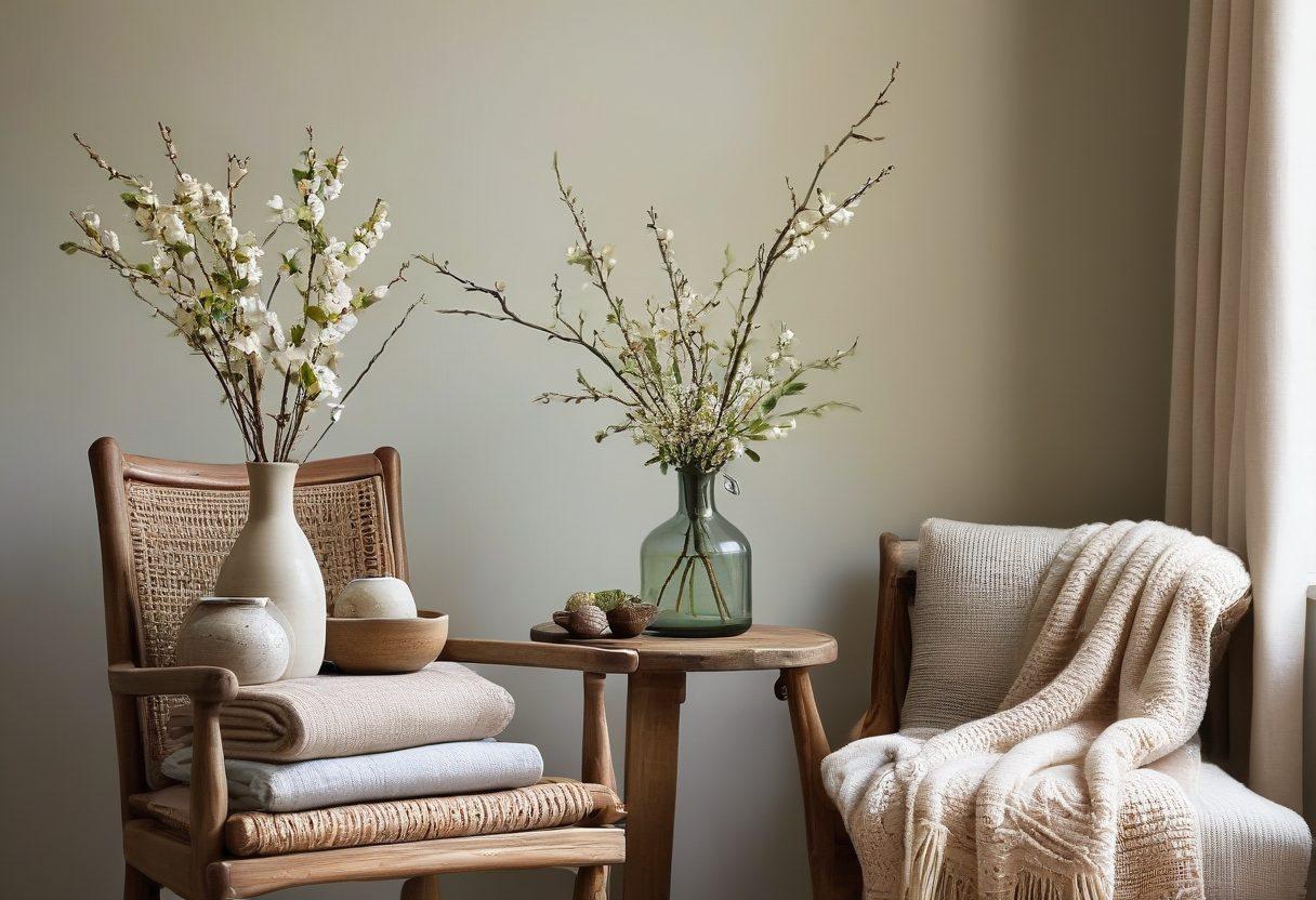 A cozy living room scene featuring beautifully crafted house accessories made from small branches, such as a unique branch vase adorned with fresh flowers and a rustic wall art piece. Soft, natural lighting highlights the textures of the wood and the warmth of a knitted throw blanket draped over a stylish chair. Include hints of greenery and a calming color palette to enhance the elegance. super-realistic. vibrant colors. natural lighting.